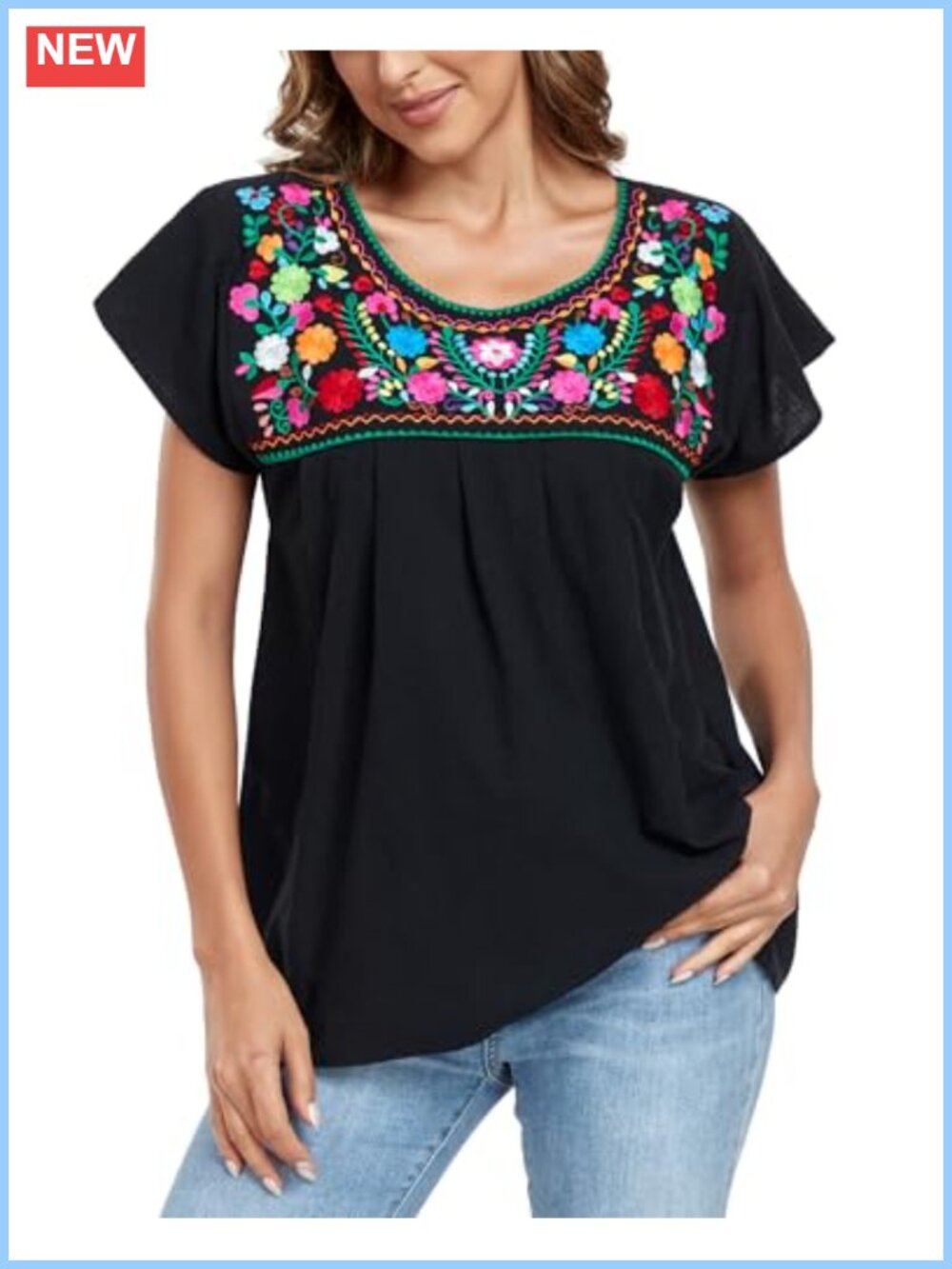 Embroidered Mexican Peasant Blouse Short Sleeve Summer Top